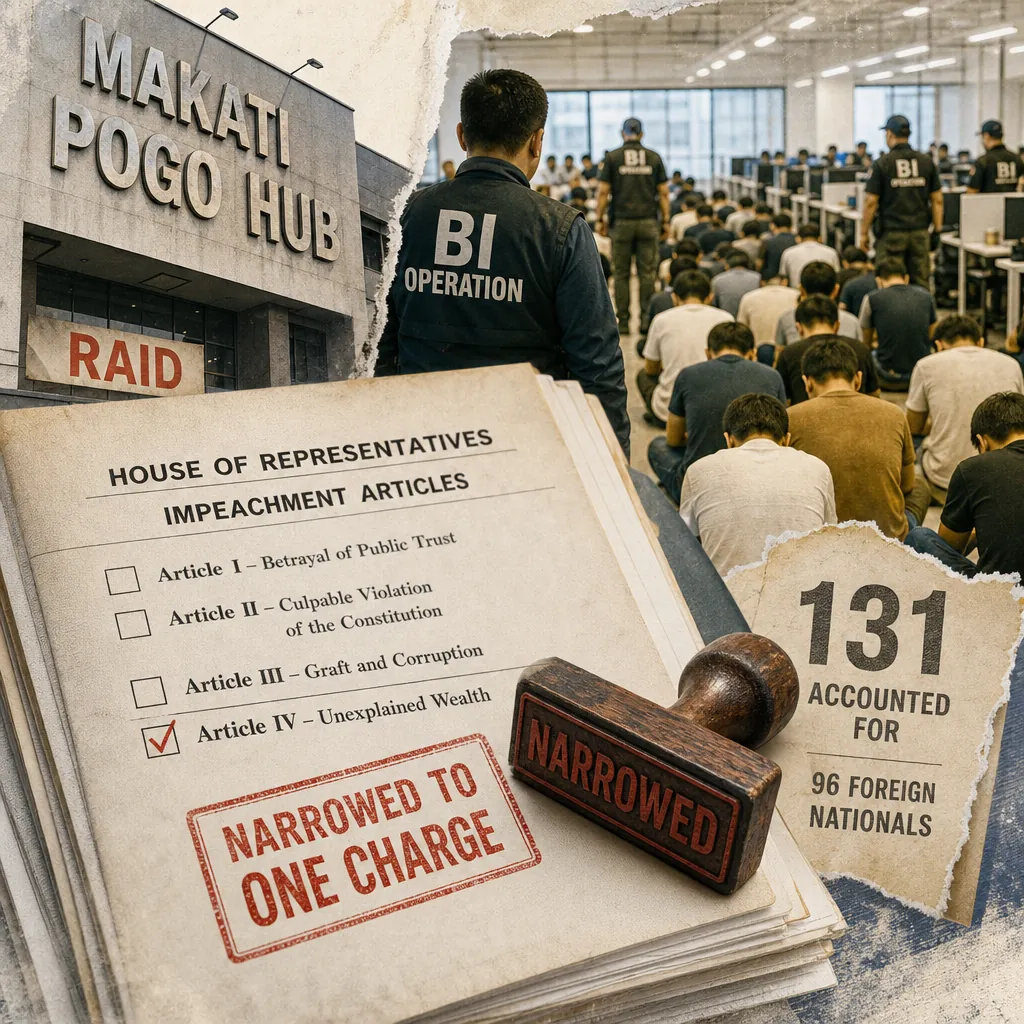 A police officer holds evidence from a Makati POGO raid, with people detained and impeachment proceedings, reflecting key political updates. (143 characters)