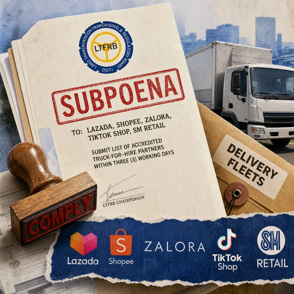 Five delivery trucks with Lazada, Shopee, Zalora, TikTok Shop, and SM Retail logos beside an LTFRB subpoena for trucker lists. 132 characters