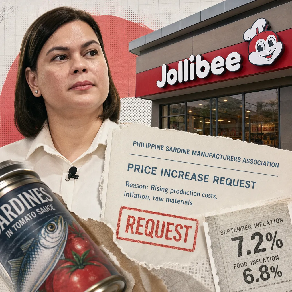 A woman stands by a Jollibee sign, with a can of sardines, a price increase request, and a sign showing food inflation hits 6.8 percent. 143 characters