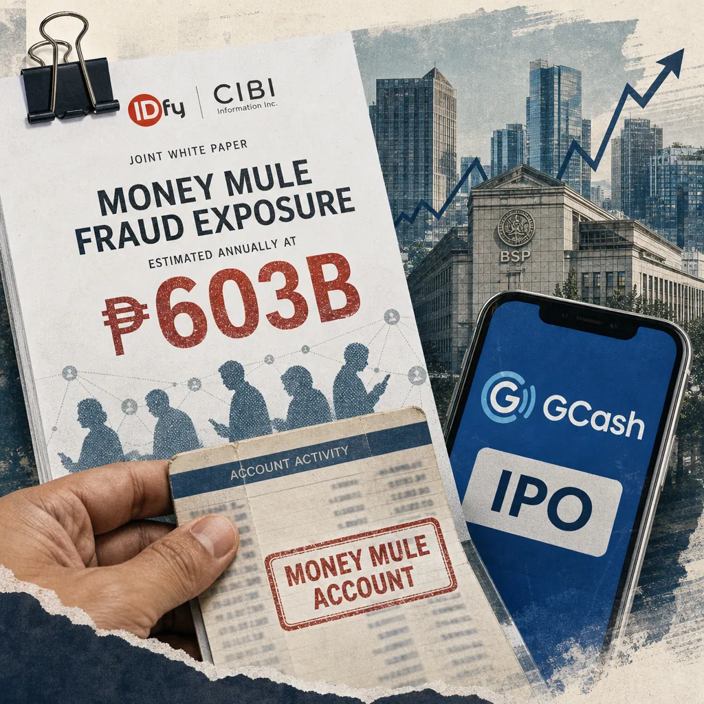A report estimates ₱603 billion annual fraud exposure via mule accounts, showing a white paper, GCash app, peso bills, and a bank building. (143 characters)