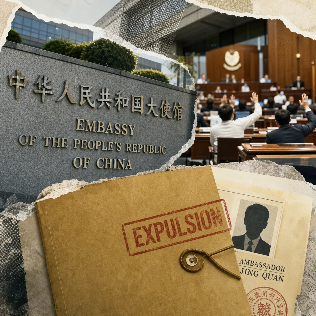 A collage shows the China embassy, a Senate session, and a restriction notice, illustrating the China-Philippines envoy dispute and Senate budget realignments. (143 characters)