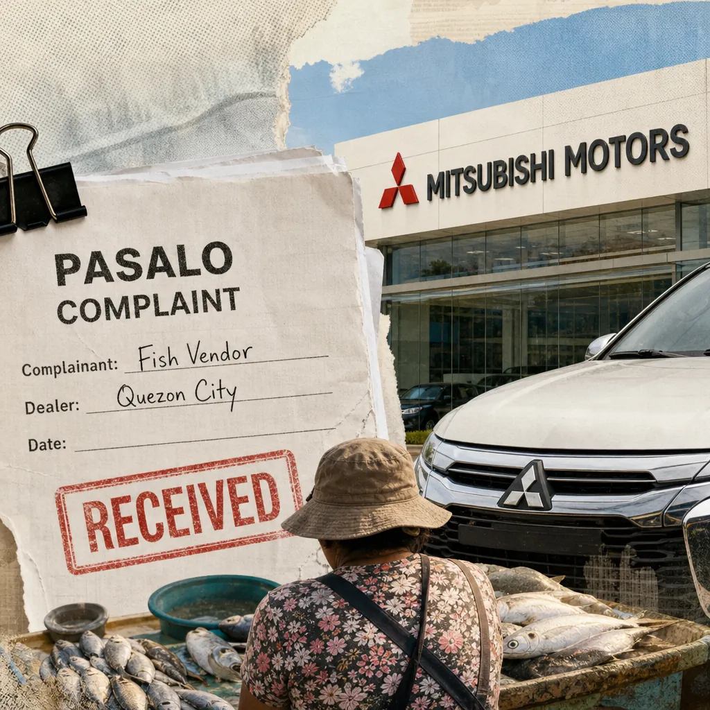 A viral pasalo dispute, Mitsubishi’s investment plans, and a woman selling fish are shown, reflecting the week’s auto news highlights. 143 characters