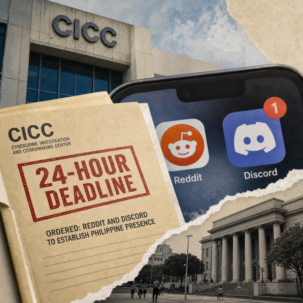 A directive from the CICC orders Reddit and Discord to establish a Philippine presence, shown with official documents and app logos in the image. (143 characters)