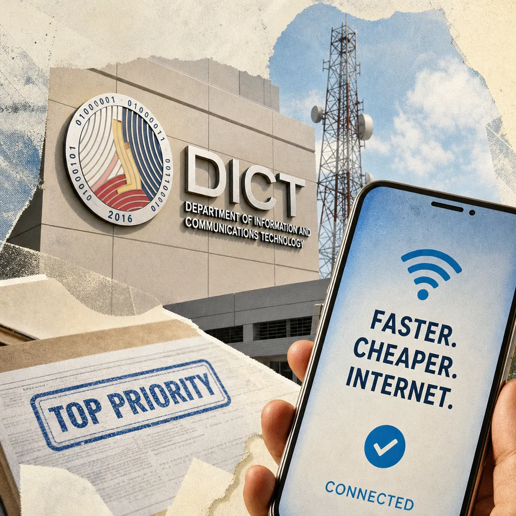 DICT’s new chief stands in front of the DICT building, with a network cable and a sign promising lower internet prices and better service. (143 characters)