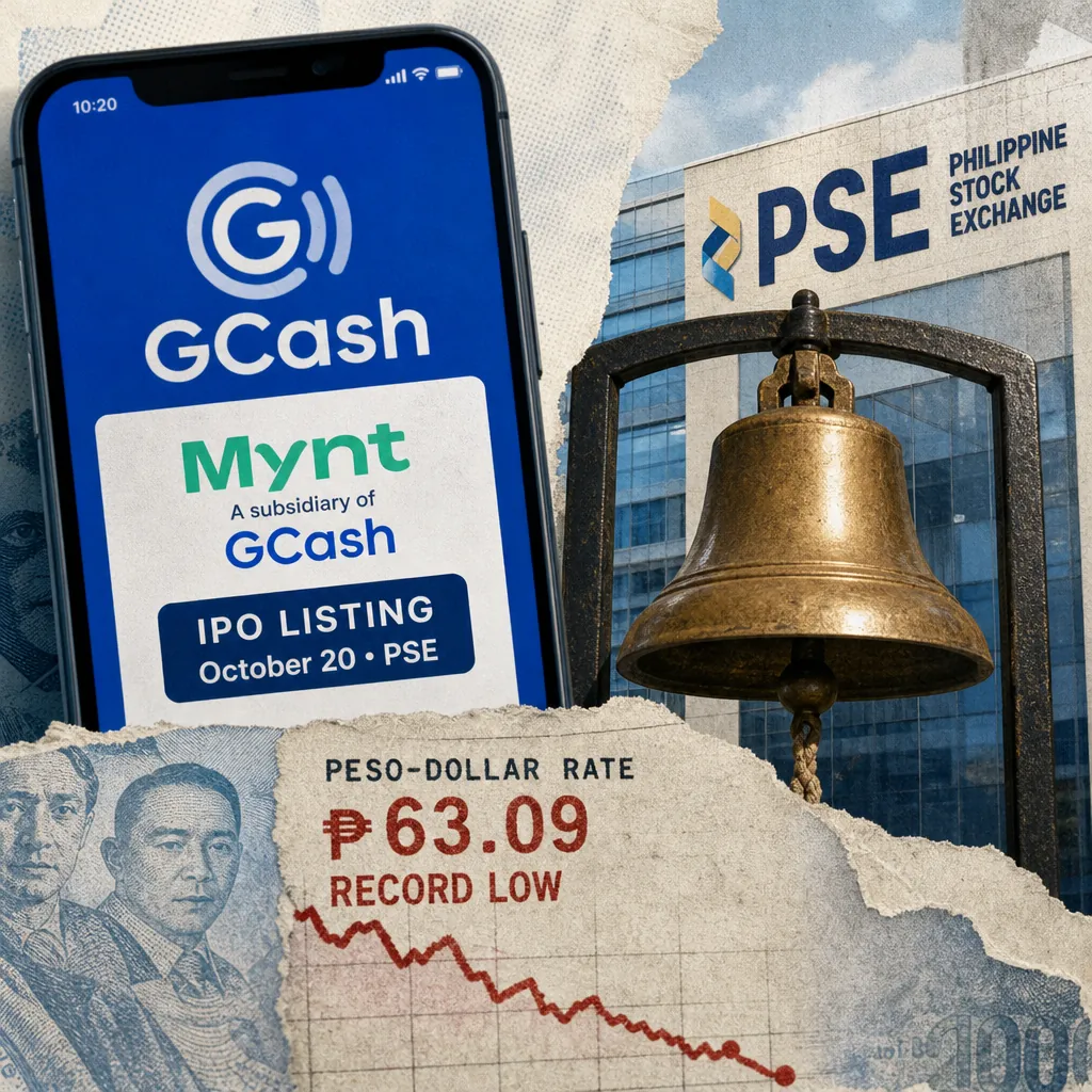 A smartphone with the GCash app, Philippine Stock Exchange building, and a note showing the peso hit a record low, balance of payments deficit widened. (143 characters)