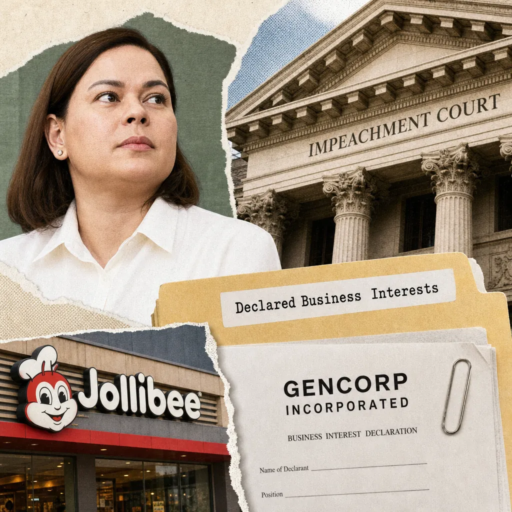 A serious woman stands beside a Jollibee storefront, impeachment court, and business documents, showing Vice President Duterte’s Jollibee franchise denial. (143 characters)