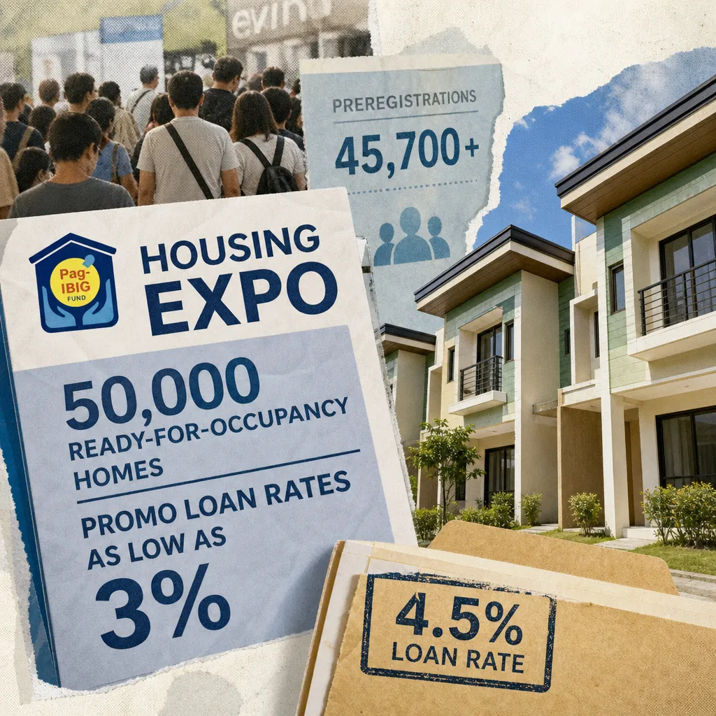 A crowd at the 2nd National Housing Expo 2026, with Pag-IBIG offering subsidized loans to counter a 7 percent sales drop. 143 characters