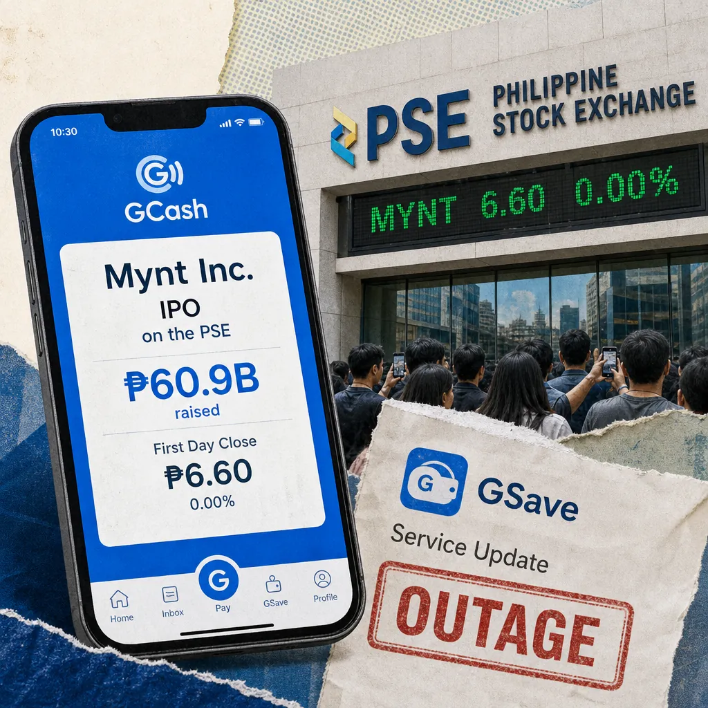 A hand holds a phone showing GCash’s GSave service unavailable, with Mynt IPO details and the Philippine Stock Exchange building in the background.