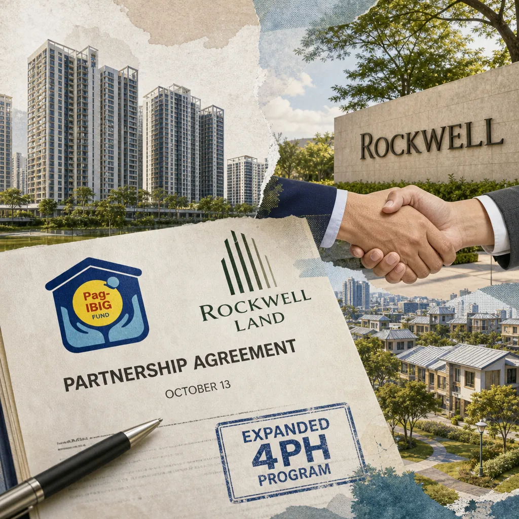 A collage shows high-rise condos, a Rockwell Land sign, a handshake, and a Pag-IBIG partnership agreement for 4PH, CLI, Ormoc, Bulacan, and UP Cebu. (143 characters)