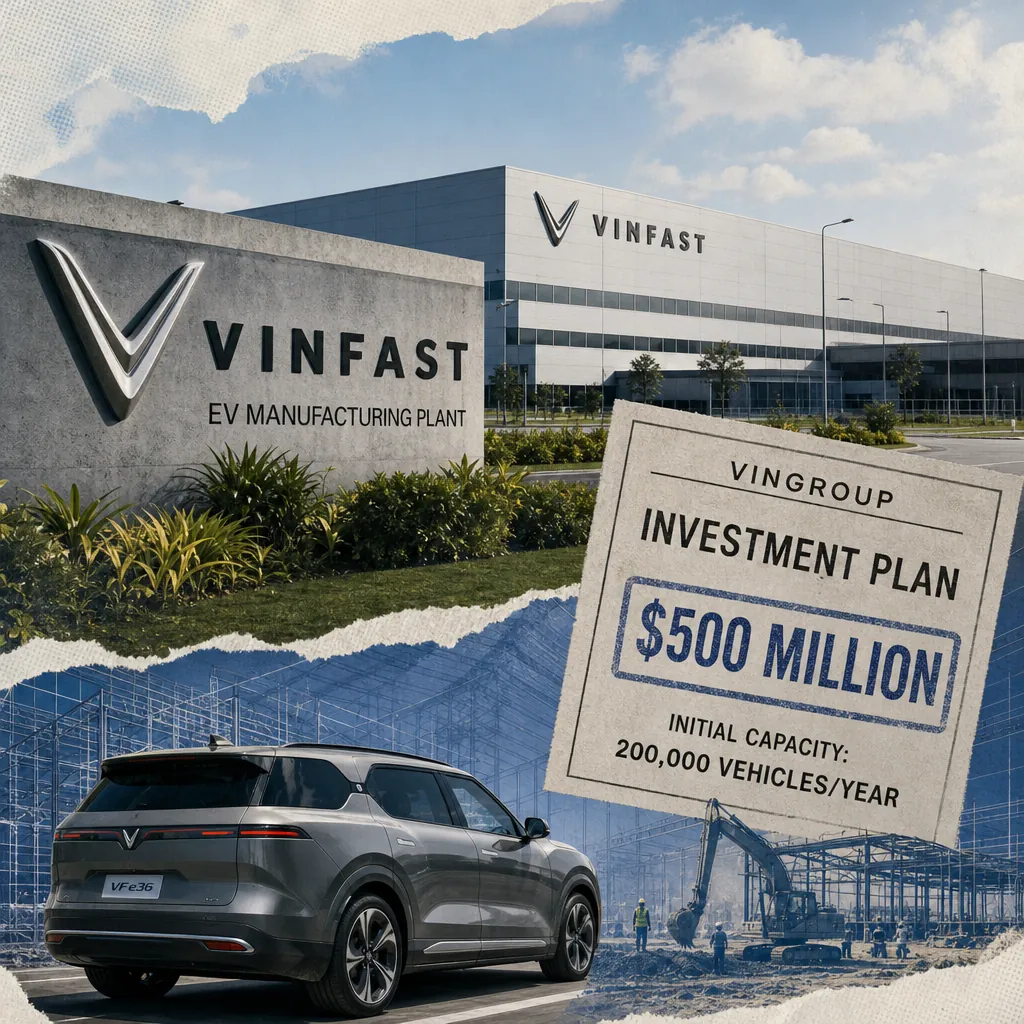 A Vingroup factory, a VinFast electric car, blueprints, and a document highlight a $500 million EV plant investment in the Philippines. (143 characters)