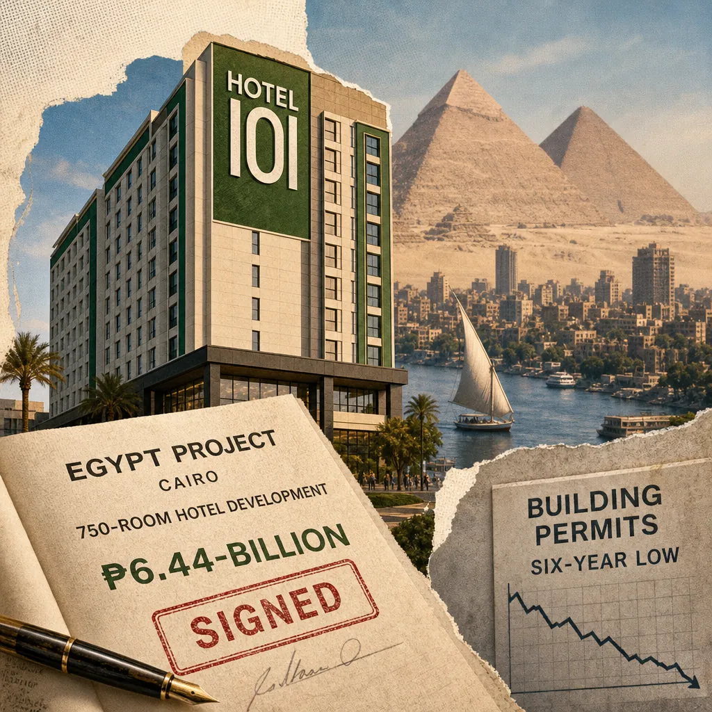 A Hotel101 Cairo building stands near the pyramids, with a development agreement and "permits down" sign, showing Hotel101 expands to Egypt. 143 characters