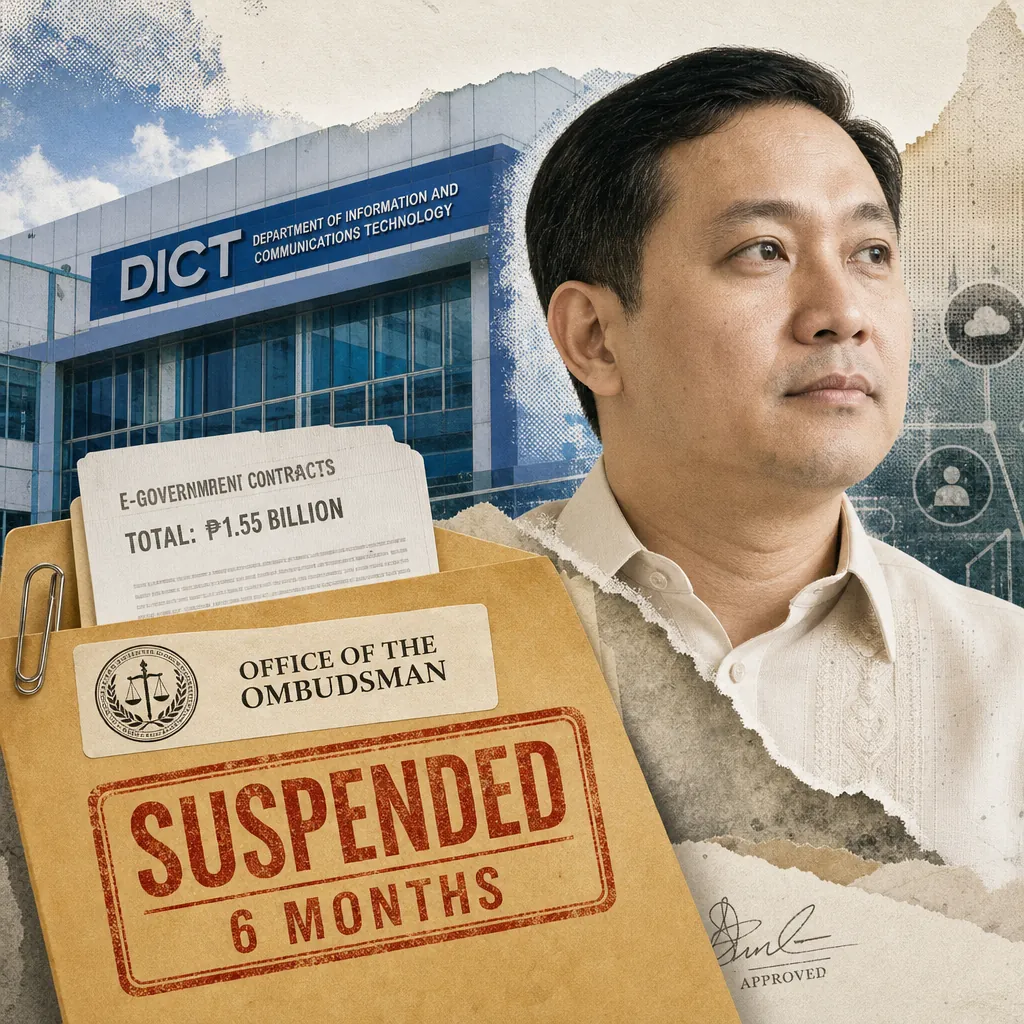 A man in glasses, the Office of the Ombudsman building, and a folder about ₱1.55B e-government contracts linked to Multisys are shown. (143 characters)