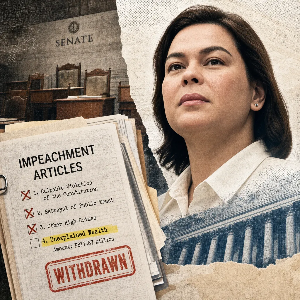 A serious woman stands before a Senate chamber, with a document listing impeachment articles and the unexplained wealth charge highlighted. 143 characters