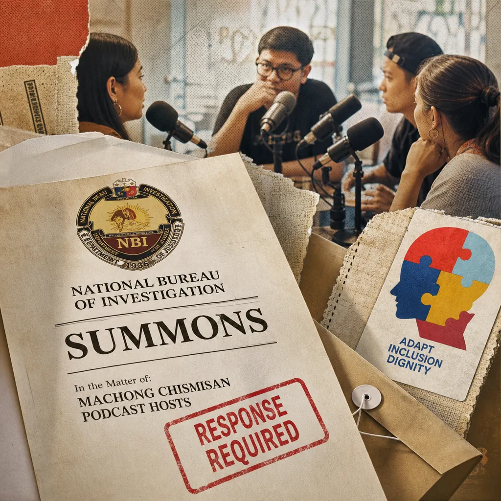 The NBI investigates a podcast over remarks on Josh Aquino, showing hosts, an NBI summons, and a mug with respect, inclusion, dignity. 143 characters