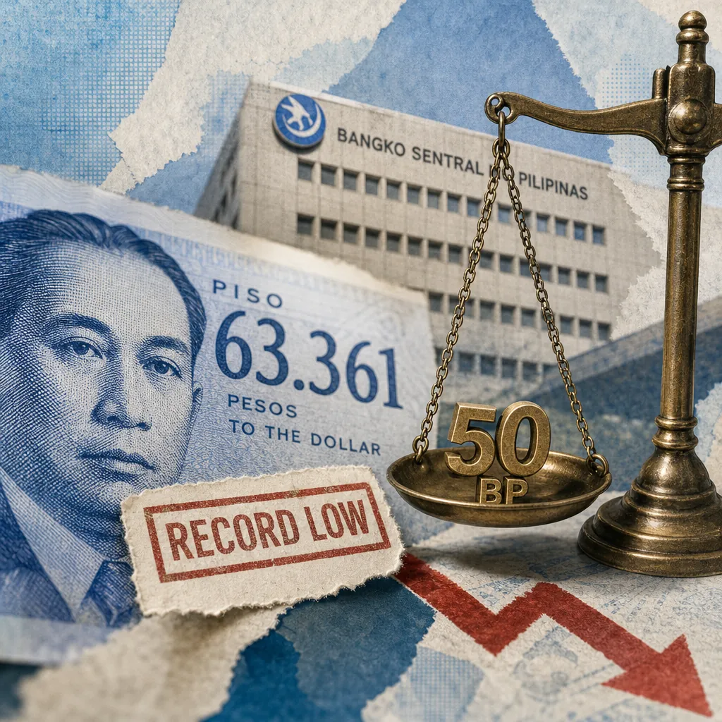 A Philippine peso coin, a US dollar bill, and the Bangko Sentral ng Pilipinas building illustrate the peso hit a record low. 132 characters