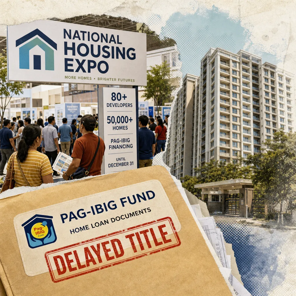 A crowd attends the National Housing Expo, with Pag-IBIG loan rates, title delays, agrarian reform, tax bills, and new flood control rules shown. (143 characters)