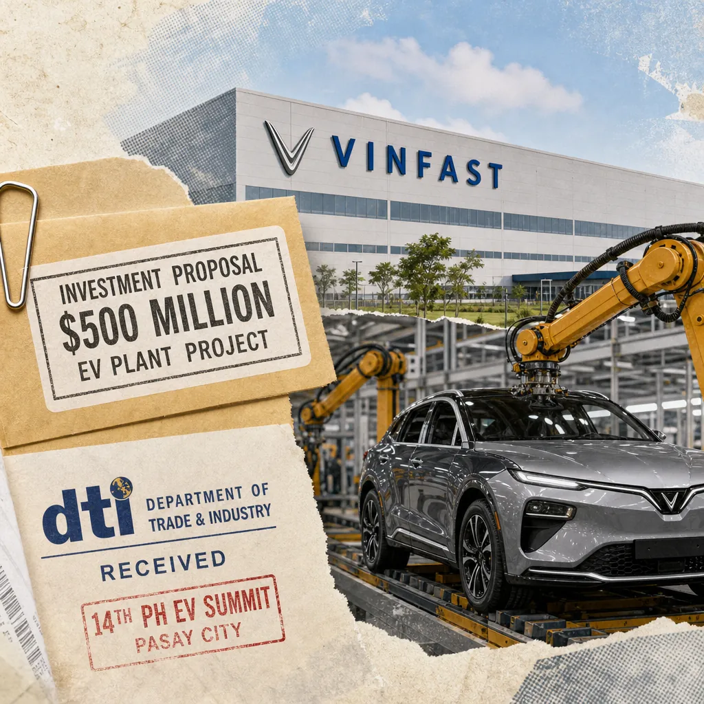 A Vingroup investment plan document, a VinFast EV plant under construction, and a VF7 car illustrate a $500M EV plant in the Philippines. (143 characters)