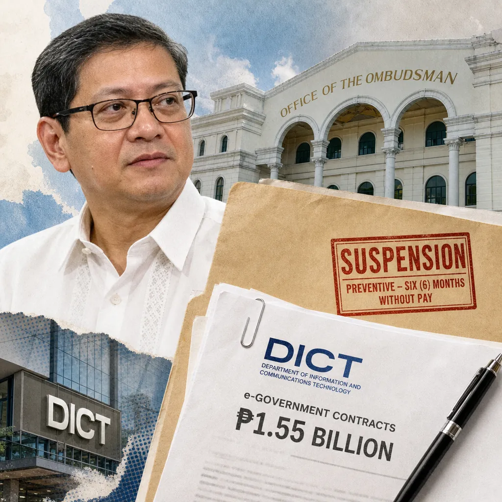 A collage shows a DICT official, a suspension notice, a preventive suspension stamp, and the DICT building, highlighting ₱1.55B in contracts. (143 characters)