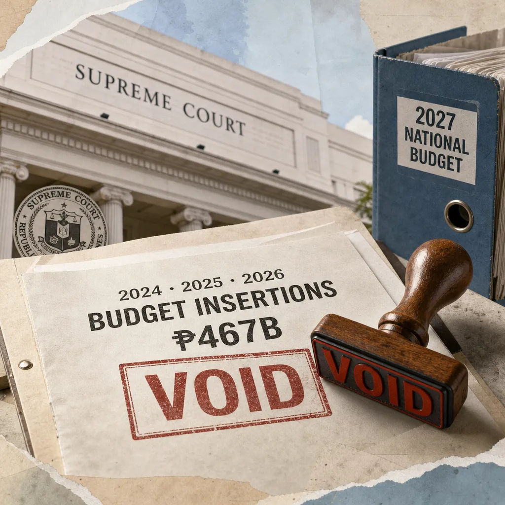 A gavel, Supreme Court building, and statue are shown beside documents marked VOID, illustrating the Supreme Court voided ₱467B in budget increases. (143 characters)