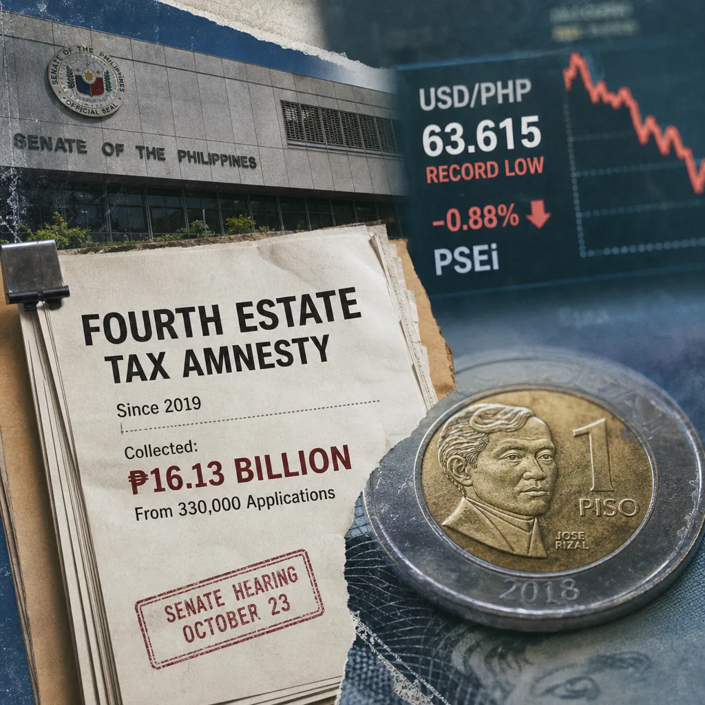 A Senate hearing room, a folder labeled "Fourth estate tax amnesty," and a peso bill showing a record low, as peso hits record low. 143 characters