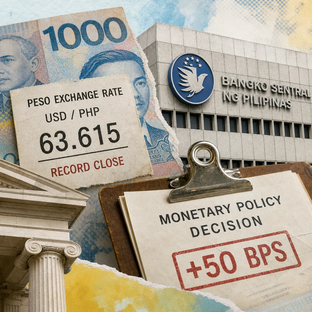 A collage shows the Bangko Sentral ng Pilipinas building, a Philippine peso bill, and text about a BSP rate hike and the peso hitting a record low. (143 characters)