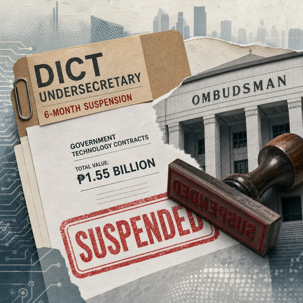 A suspension order for a DICT undersecretary over ₱1.55B contracts is shown with a DICT building, files, and a person in the foreground. (143 characters)