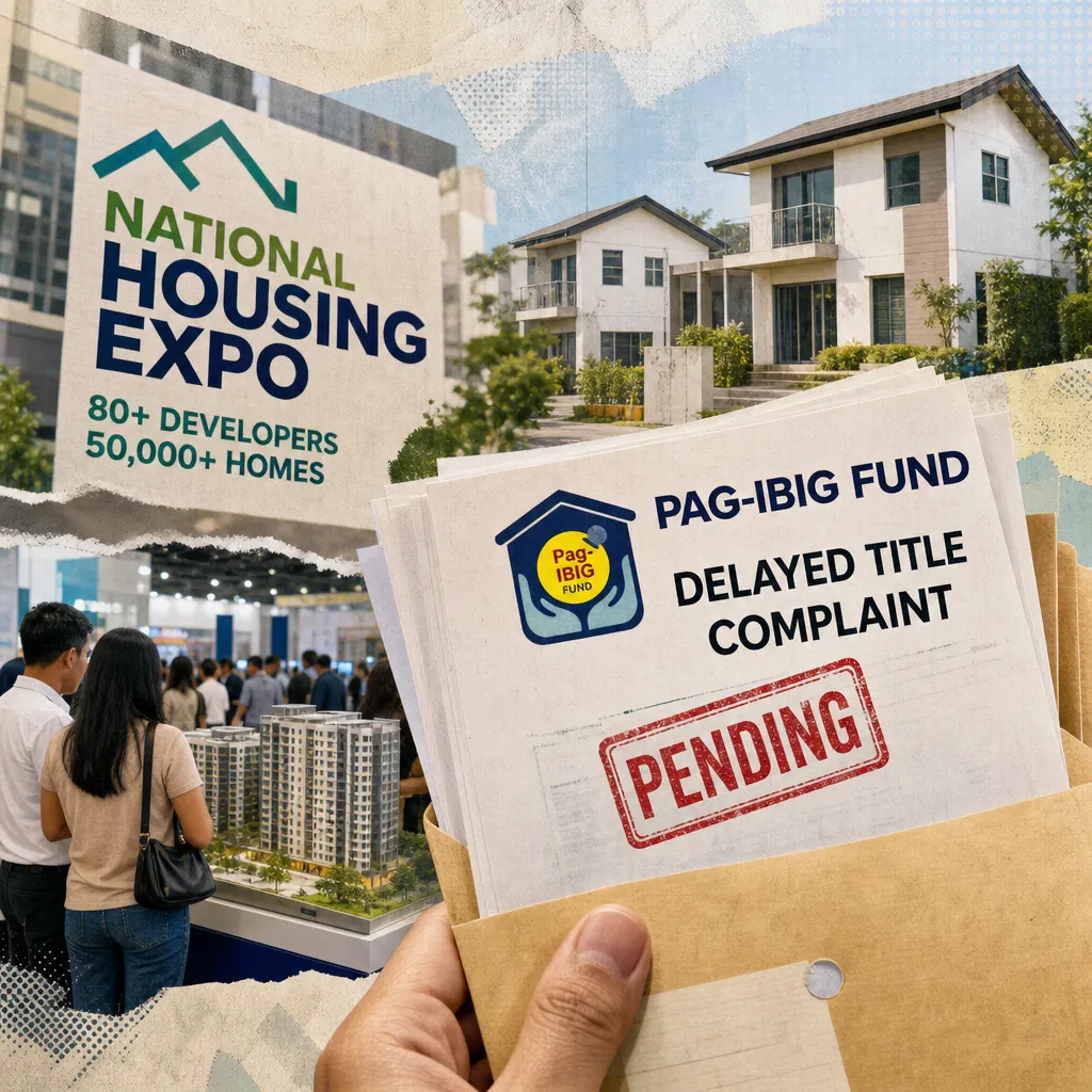 A collage shows the National Housing Expo, Pag-IBIG Fund building, and a pending land title, reflecting the report’s covered topics. 139 characters