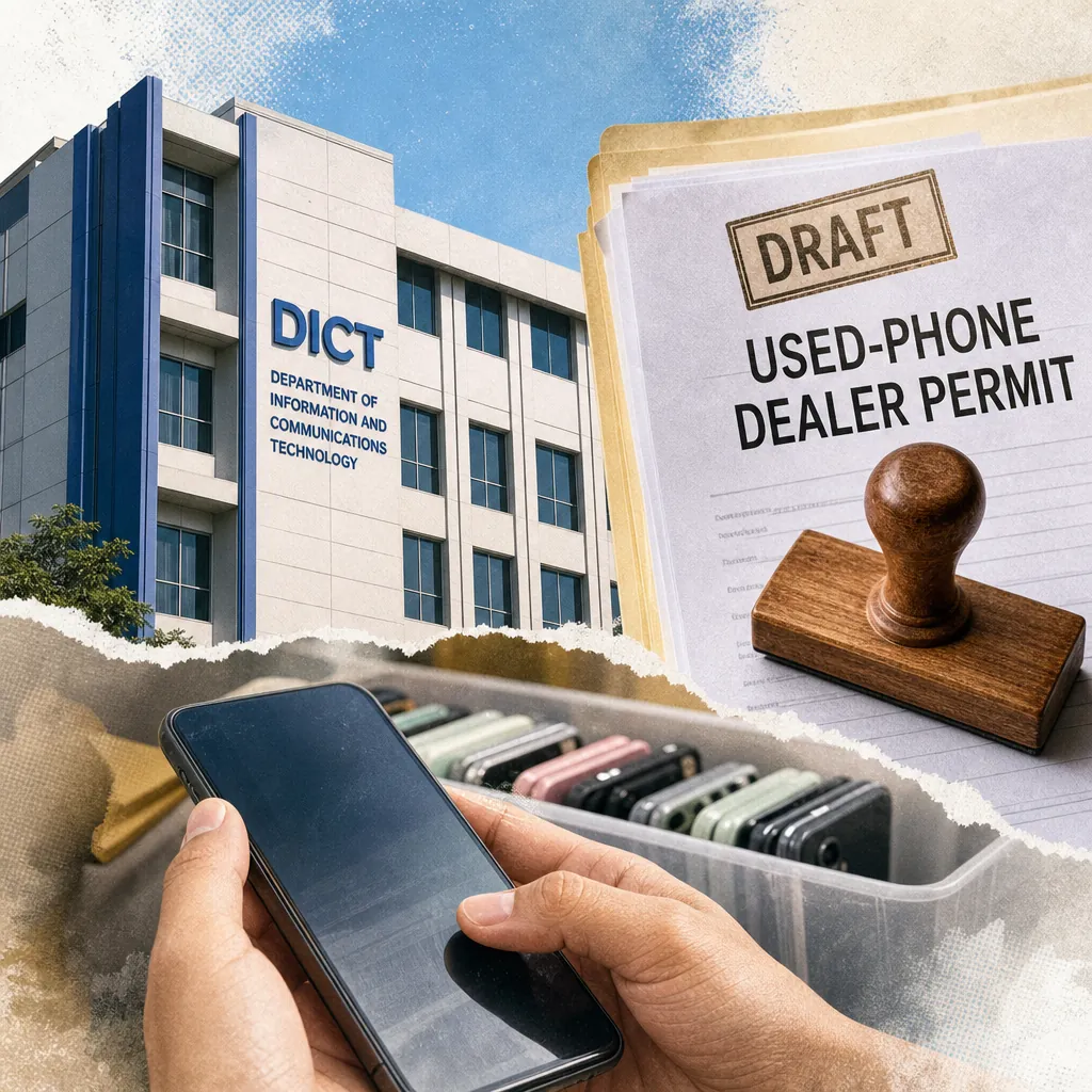 A person uses a smartphone near a DICT building, with a folder labeled draft permit rules, showing new telecom rules and low fiber coverage in focus. (143 characters)