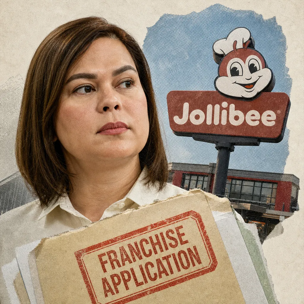 A woman holds a franchise application in front of a Jollibee sign, illustrating Sara Duterte’s Jollibee franchise denial led food news. (137 characters)