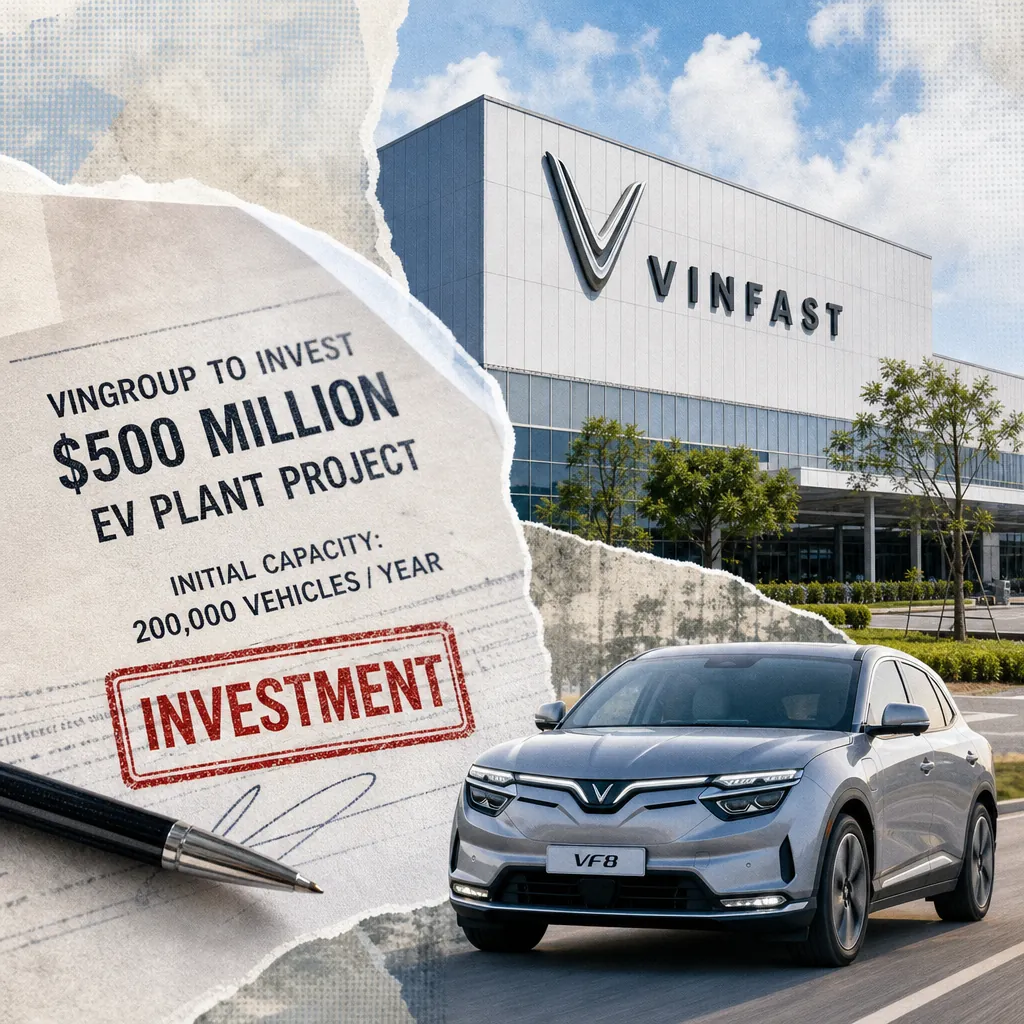 A VinFast factory building, a white electric SUV, blueprint sketches, and a folder labeled $500-million EV plant investment in the Philippines. 143 characters