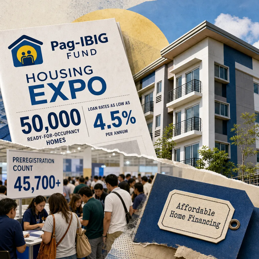 A collage shows the 2nd National Housing Expo 2026 with 45,700 preregistrations, Pag-IBIG loan offers, and a modern apartment building. (143 characters)
