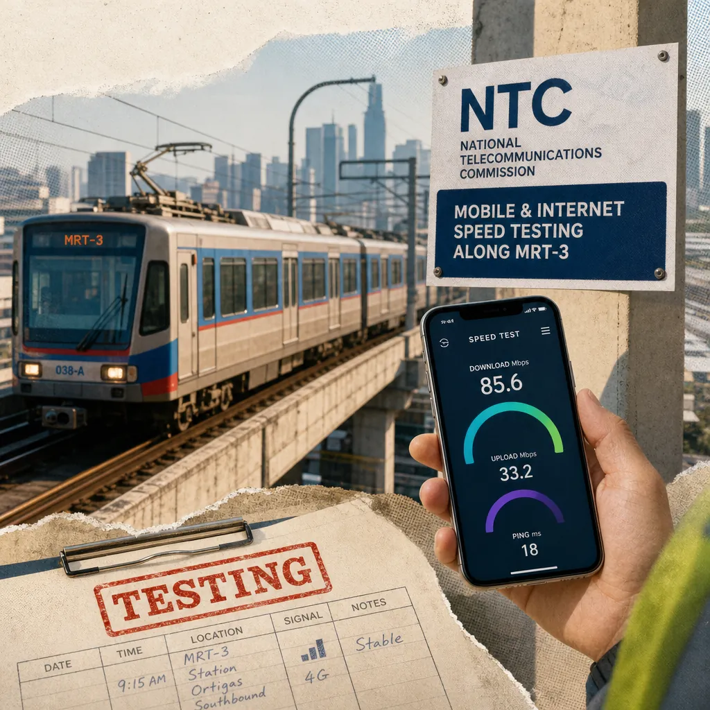 A commuter holds a phone showing internet speed test results beside an MRT-3 train and NTC sign, highlighting PH telecoms developments. (143 characters)