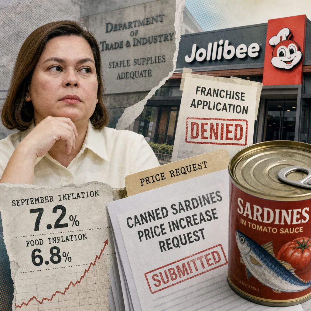 A woman sits pensively beside a can of sardines, Jollibee storefront, and documents showing canned sardine makers seek price hikes as food inflation hits 6.8 percent. (144 characters)