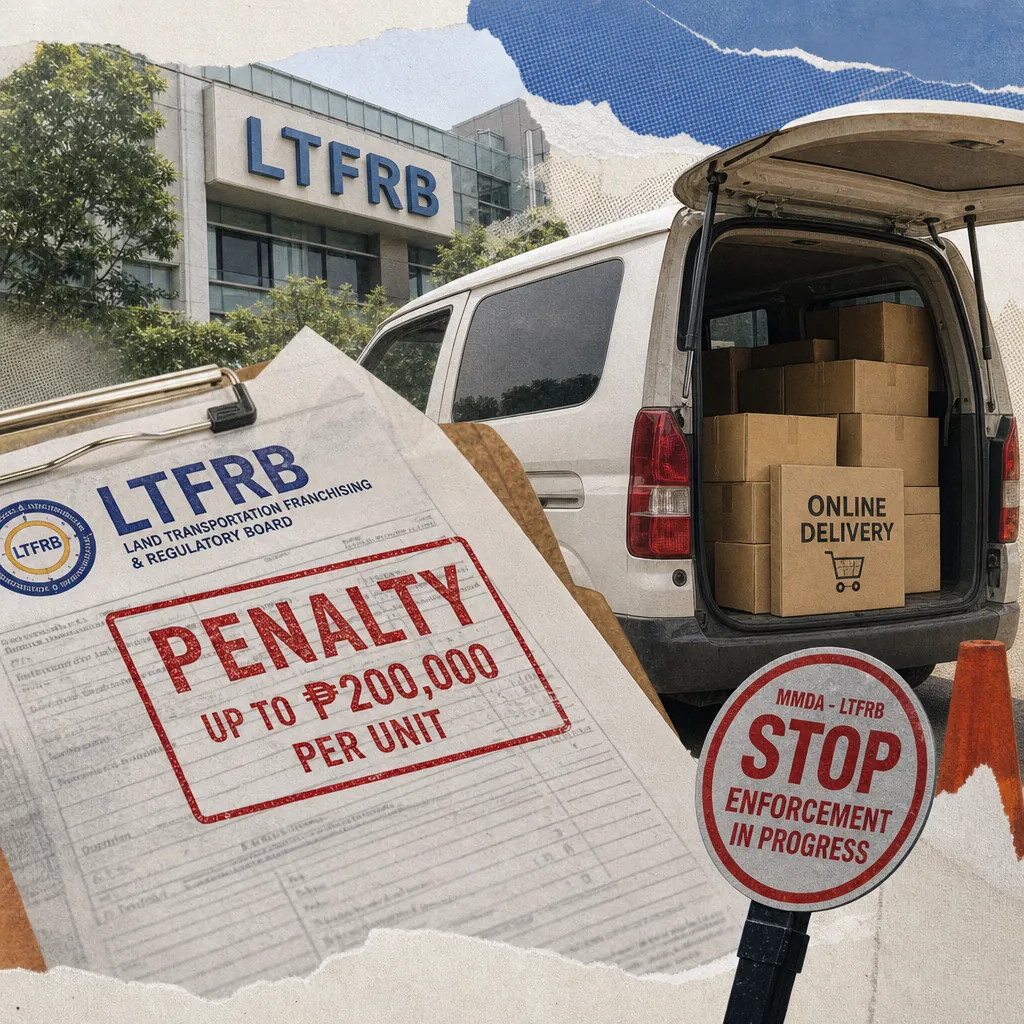 A van loaded with online delivery boxes is parked near the LTFRB office, showing a penalty notice and a sign about the crackdown on unpermitted delivery vehicles. (143 characters)