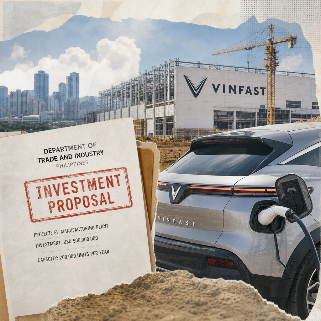 A VinFast electric vehicle charges near a construction site with a sign showing Vingroup plans a $500M EV plant in the Philippines. 137 characters