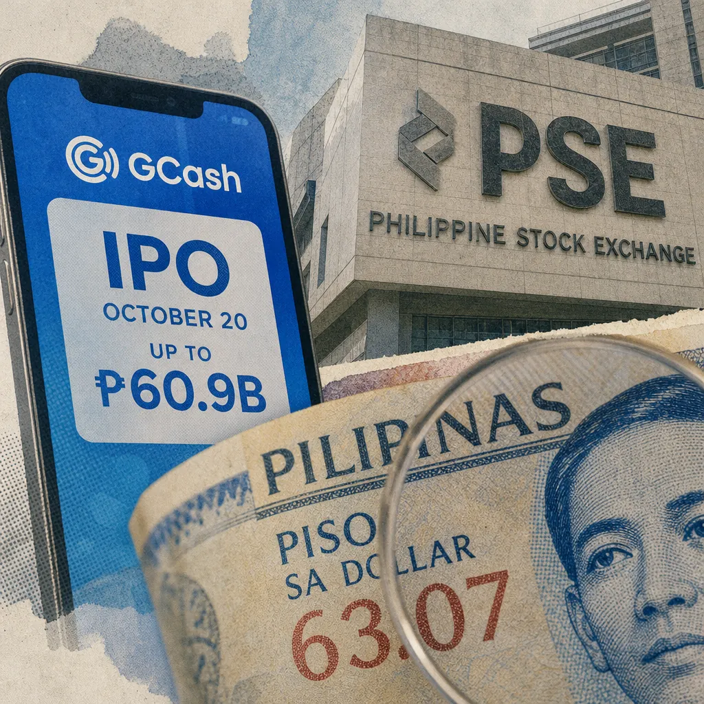 A smartphone shows GCash’s ₱60.9B IPO details beside the Philippine Stock Exchange and a peso bill marked 63.07 to the dollar, illustrating the peso hit a record low. (144 characters)