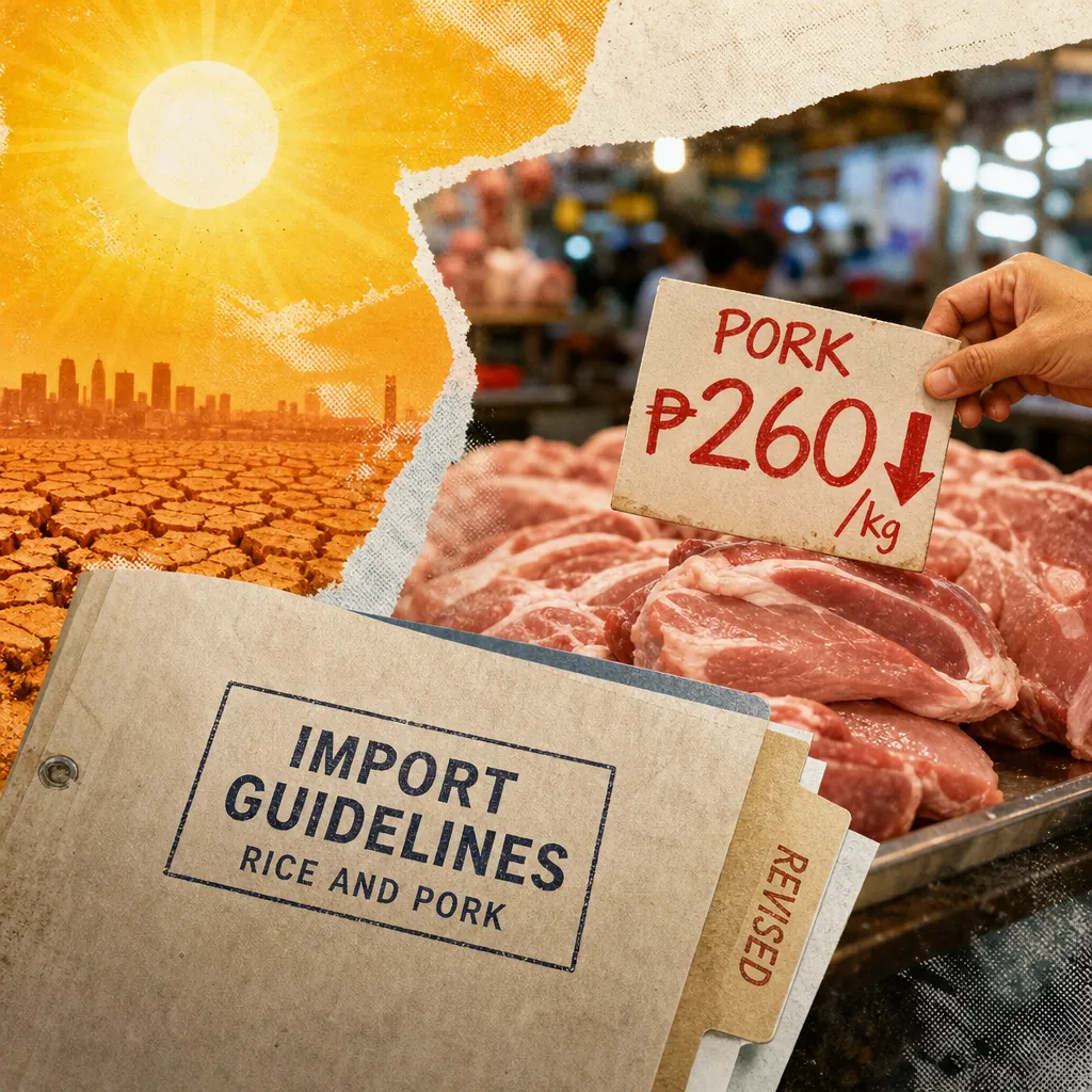 A market scene shows pork priced at ₱280 per kilo, a sack of rice, and documents on updated import regulations as severe El Niño could push Philippine inflation above 8%. (143 characters)