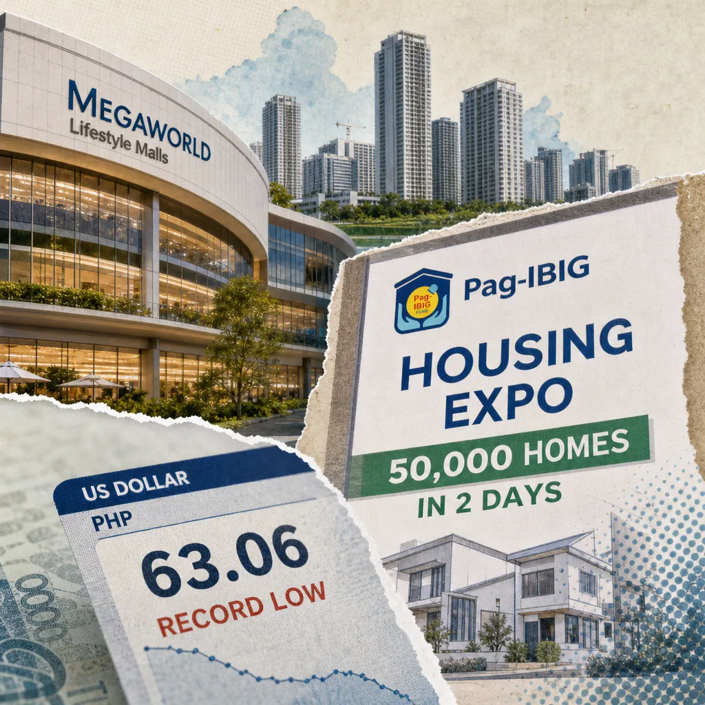 Collage showing Megaworld Lifestyle Malls, high-rise condos, a Pag-IBIG housing expo sign, and a peso-dollar chart with record low, reflecting policy shifts to affordable housing. (144 characters)