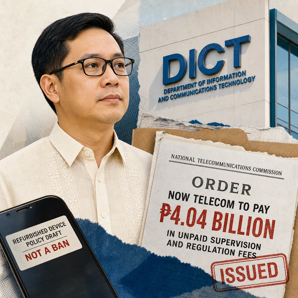 Robert de Claro stands in front of the DICT building, with documents and a phone highlighting Free Wi-Fi expansion and NTC fee dispute issues. (143 characters)