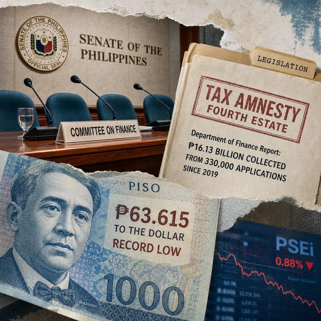 A Senate chamber with a seal, a folder labeled fourth estate tax amnesty, a finance report, peso at record low, and a falling stock chart.