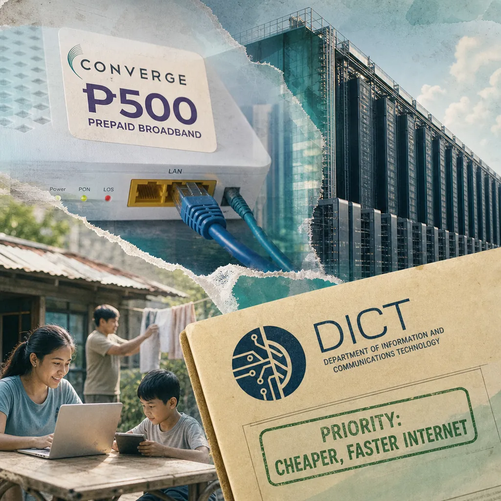 A man in glasses stands before the DICT building, holding documents on affordable, faster internet, e-notarization, and digital health bundles. 143 characters