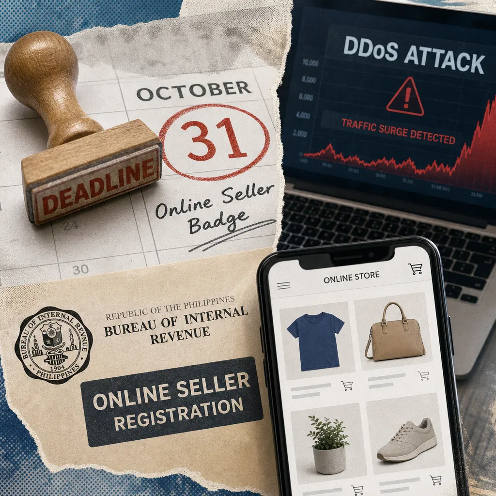 Collage shows a volleyball match, a DDoS attack alert on a laptop, and a BIR badge deadline notice, reflecting the report’s covered topics. 143 characters