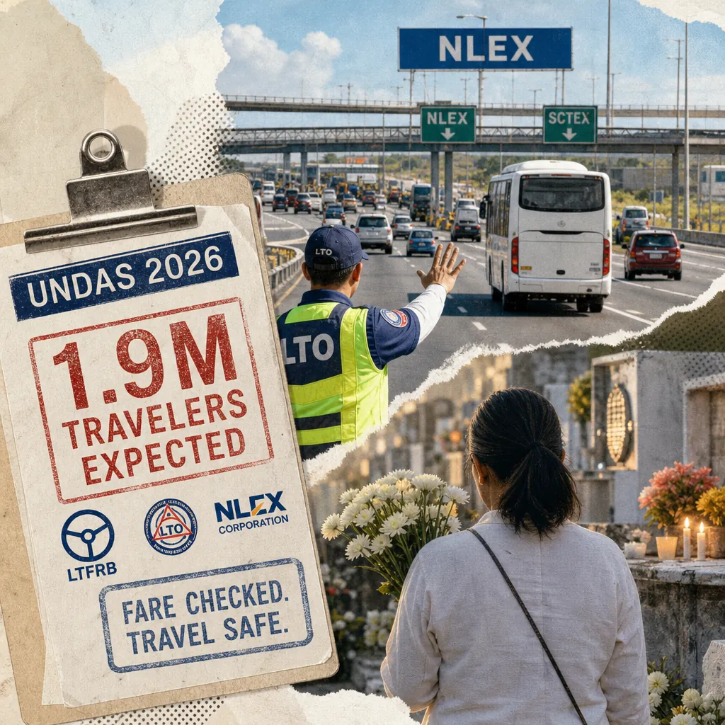 Commuters with luggage board a provincial bus as traffic moves on NLEx, showing LTFRB projects 1.9 million Undas bus passengers for the holiday. (143 characters)