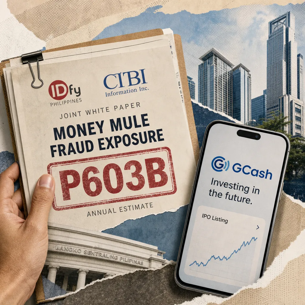A report estimates ₱603B annual fraud exposure via mule accounts, showing a peso coin, GCash IPO listing, and Bangko Sentral ng Pilipinas building. 143 characters