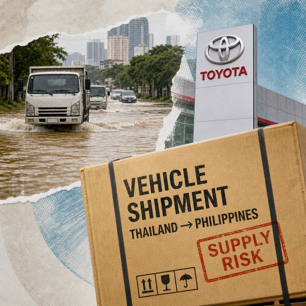 A collage shows trucks on a flooded Thai bridge, a NYK Line cargo ship, a Toyota sign, and a supply risk notice about Thai flood supply risks. (143 characters)