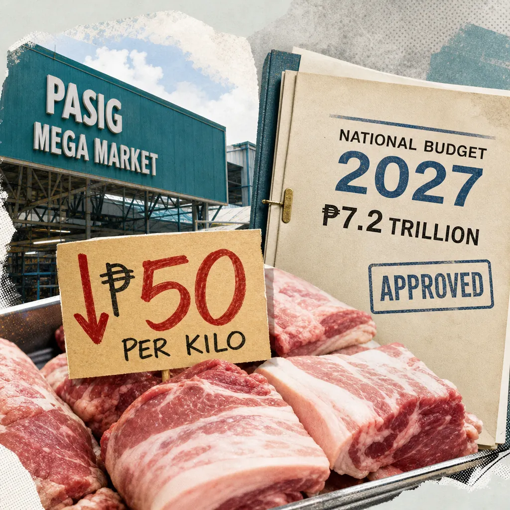 Raw pork cuts at Pasig Mega Market with a sign showing pork at ₱50 per kilo, highlighting pork prices fell sharply in Pasig. (132 characters)