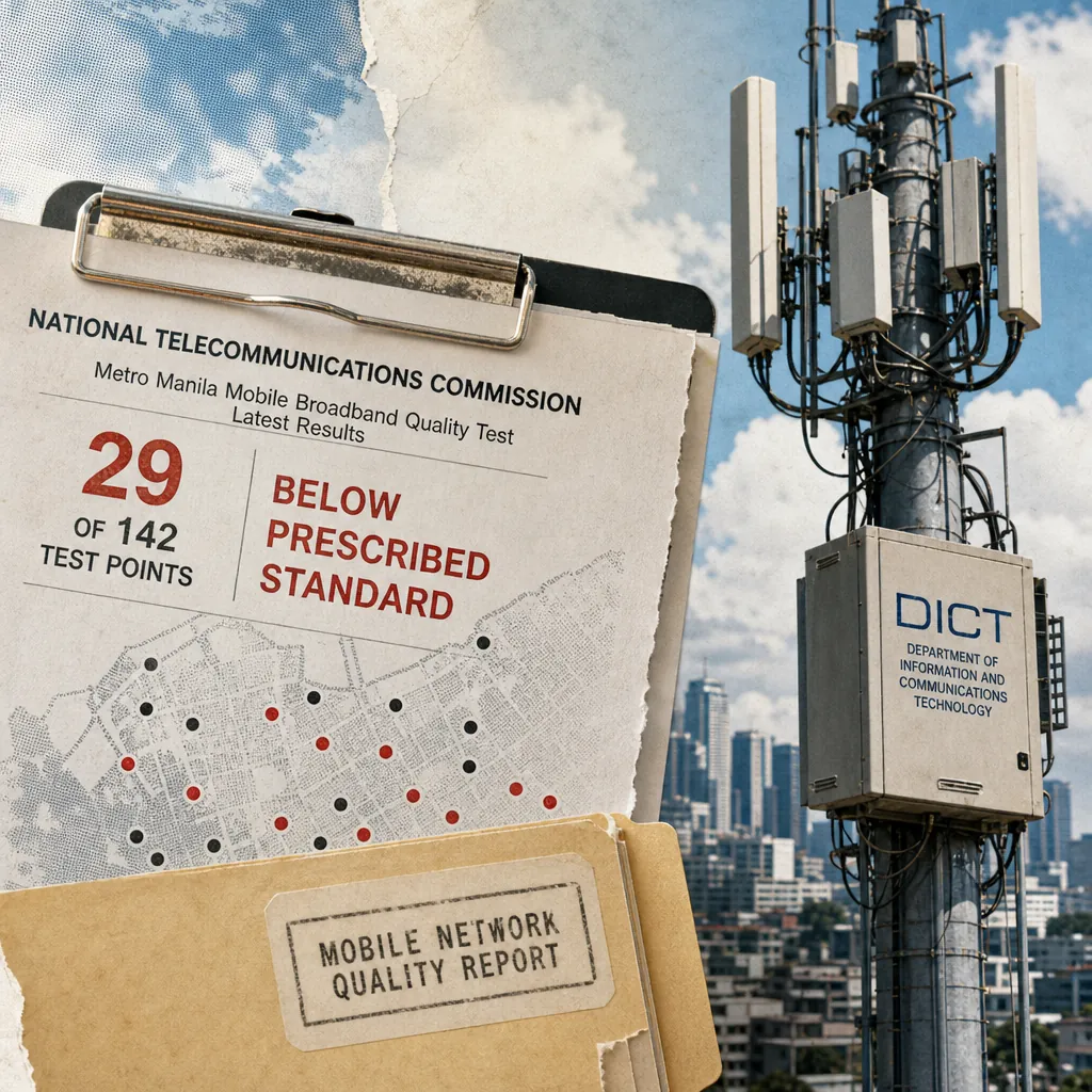 A telecom tower labeled DICT stands beside a report showing NTC fines telcos for service gaps and DICT expands digital jobs programs. 143 characters
