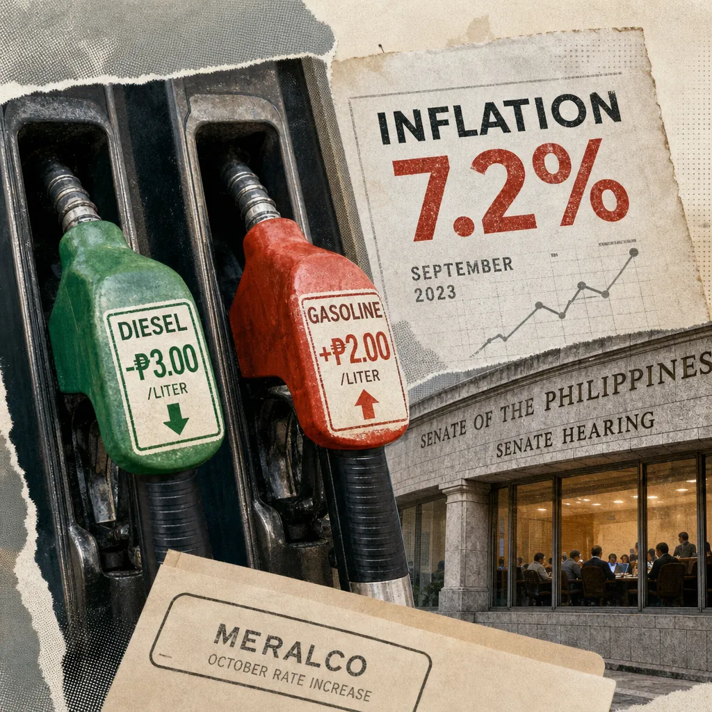Gas pumps, grocery items, water bottles, a power meter, and documents illustrate fuel price changes, high inflation, and power rate hikes. (143 characters)