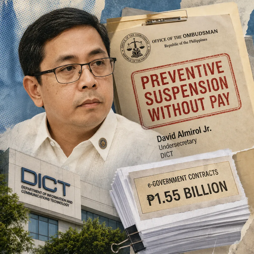 A serious man sits in front of folders labeled DICT and ₱1.55B in contracts, referencing the Ombudsman suspended a DICT undersecretary. 143 characters