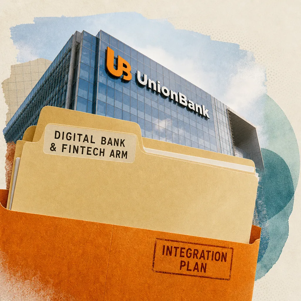 A UnionBank building, a hand holding a UnionBank Digital Bank puzzle piece, and a phone showing UnionBank consolidates digital units. 143 characters